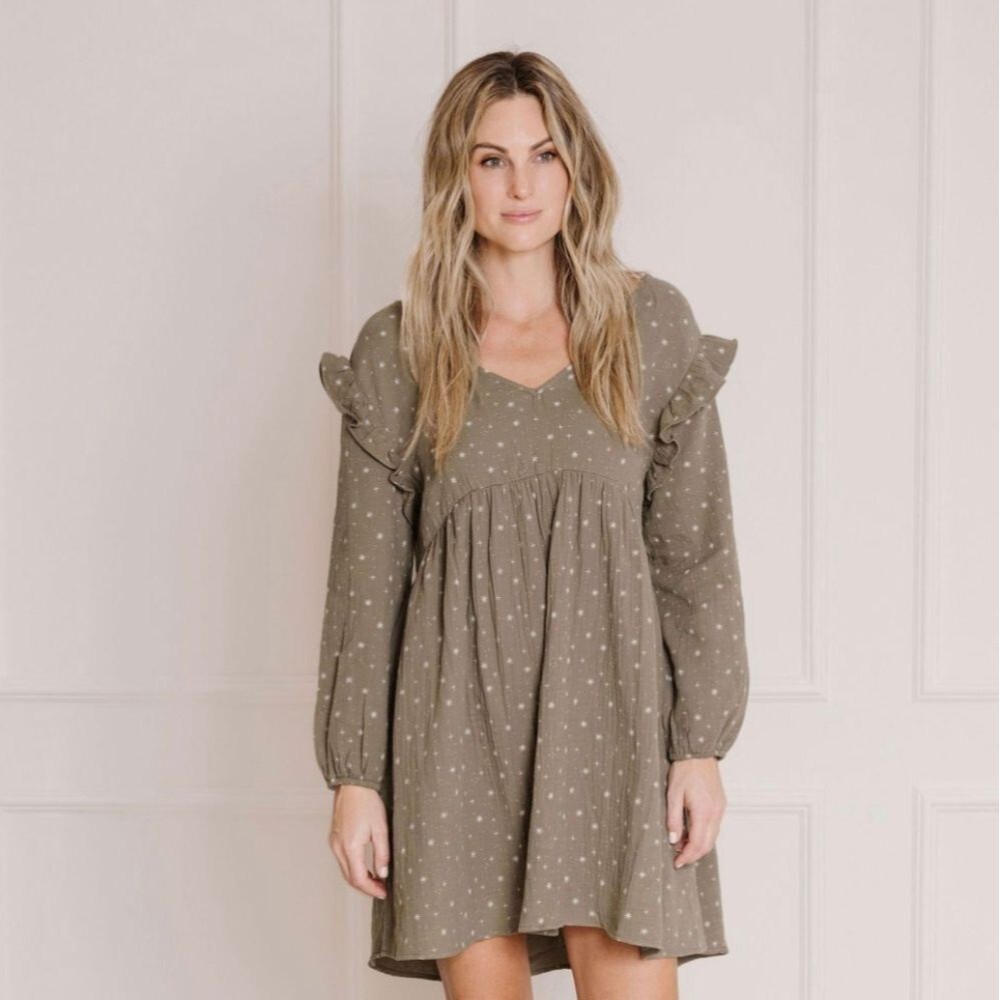 Rylee and Cru Olive Stars Velvet Tie Mini Dress S Small